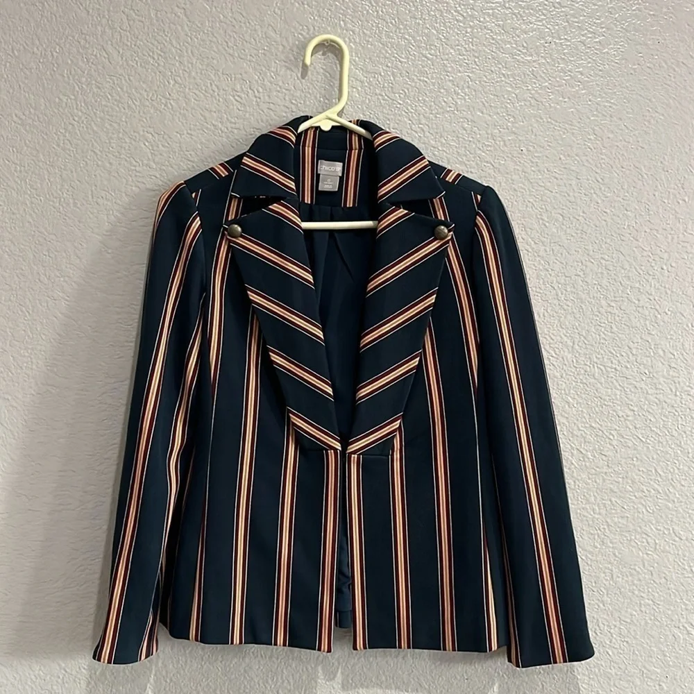 Chicos Jacket Womens 0 Small Navy Stripe Ponte Single Hidden Closure Business - Picture 1 of 11